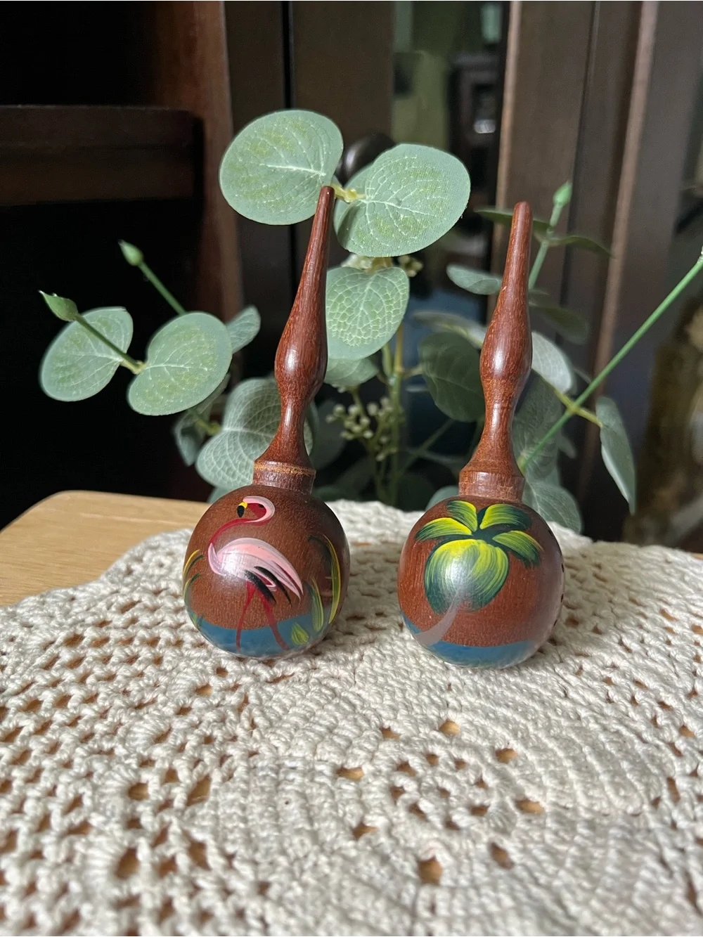 Hand-Painted Wooden Salt & Pepper Shakers Vintage Cuban Tiki Maracas-Signed